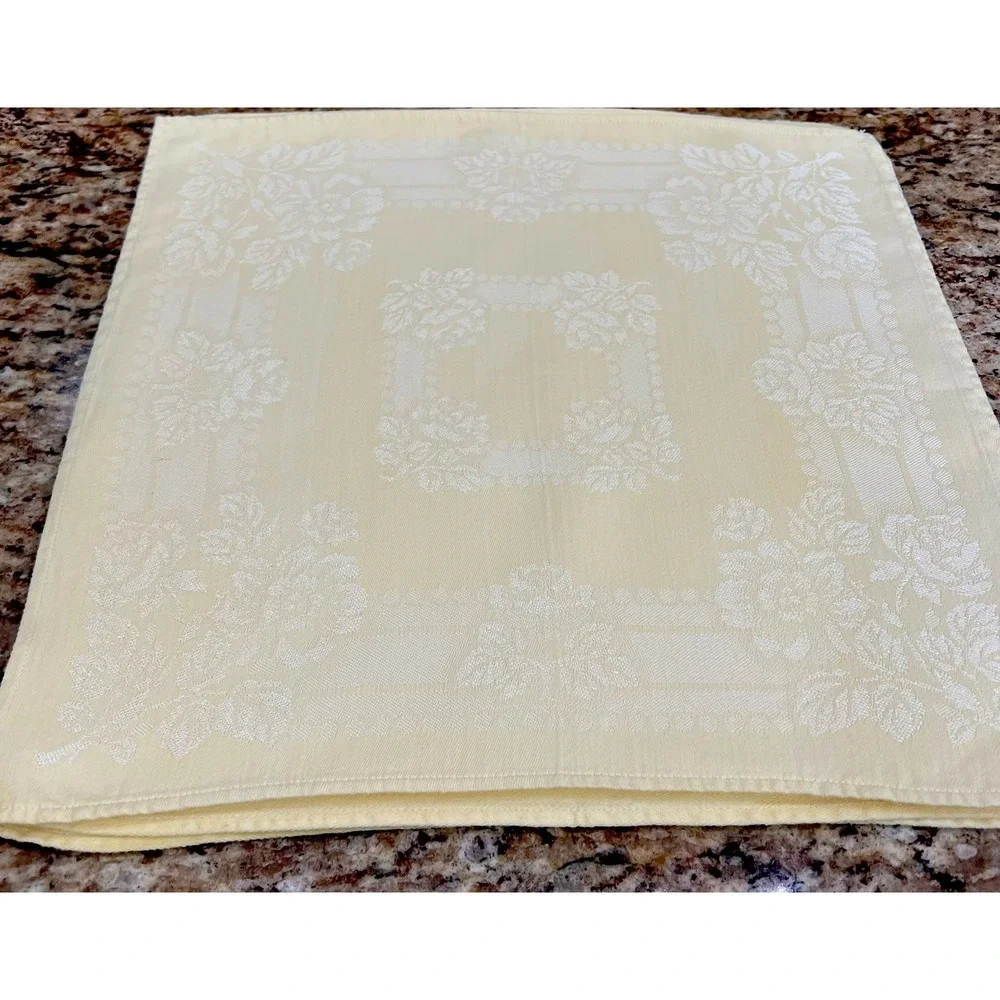 Vintage Yellow Floral Damask Cloth Napkins Set of 8 Square 15 in Cotton Jacquard
